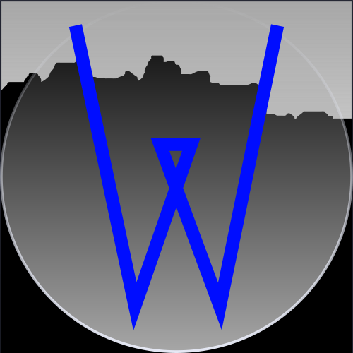 Logo for stella wolf studio of a blue "w" on top of an abstract landscape scene in grayscale. An allusion to a full moon overlays the background but does not obscure the "w."