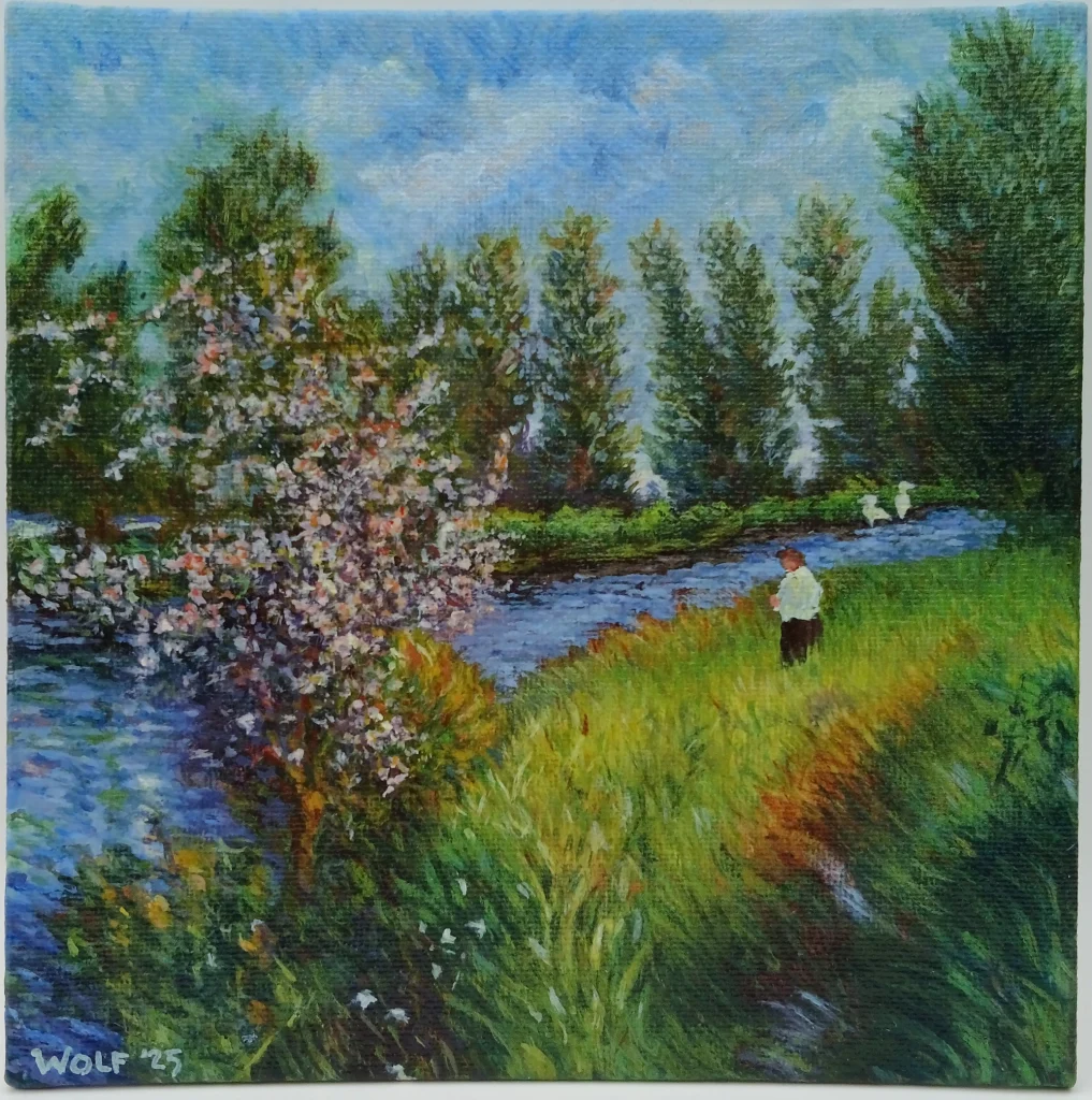 Acrylic painting of a landscape with a river, a pink dogwood, and a person in the middle distance with two herons across the riverbank. Whispy clouds floating overhead.